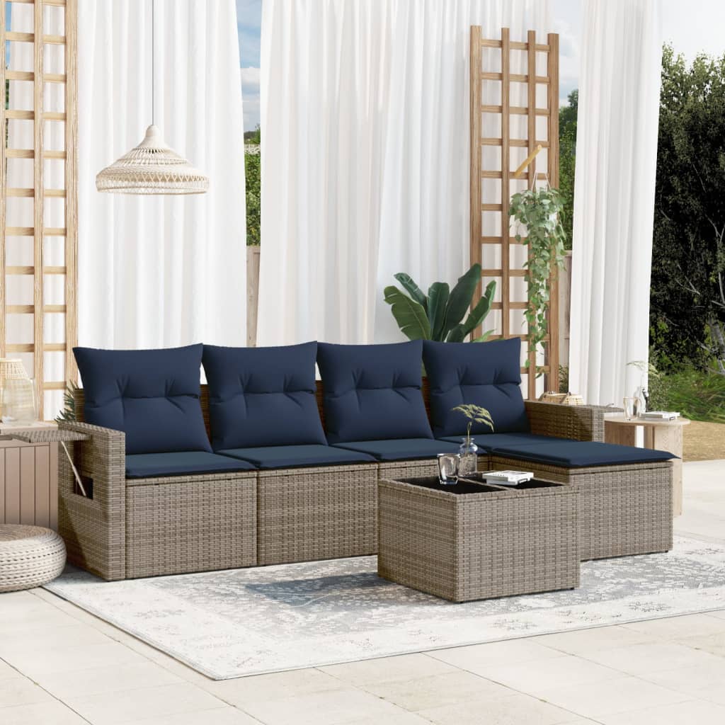 5-teiliges Gartensofa-Set mit Kissen, schwarzes Polyrattan