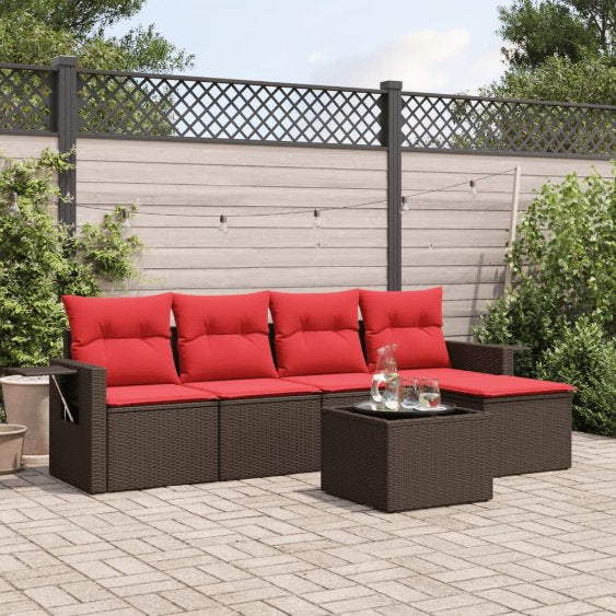5-teiliges Gartensofa-Set mit Kissen, schwarzes Polyrattan