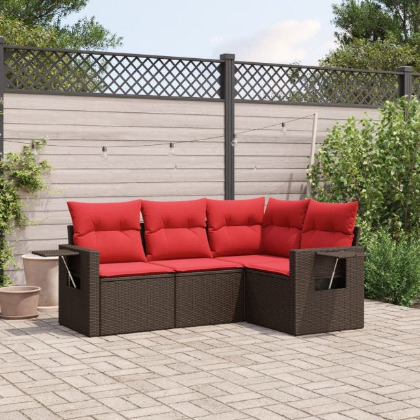 4-teiliges Gartensofa-Set mit Kissen, schwarzes Polyrattan