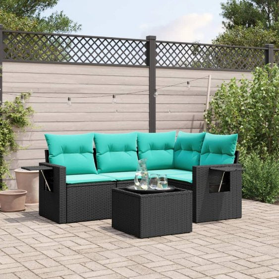 4-teiliges Gartensofa-Set mit Kissen, schwarzes Polyrattan