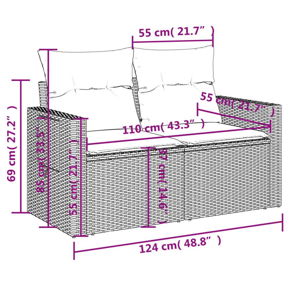 5-teiliges Gartensofa-Set mit Kissen, schwarzes Polyrattan