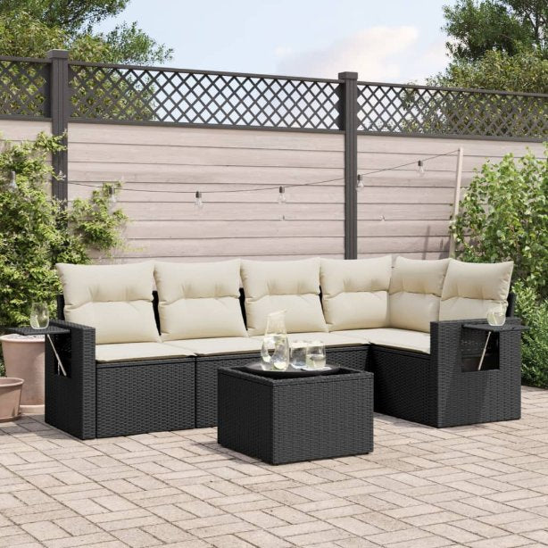 5-tlg. Garten-Sofagarnitur mit Kissen Schwarz Poly Rattan