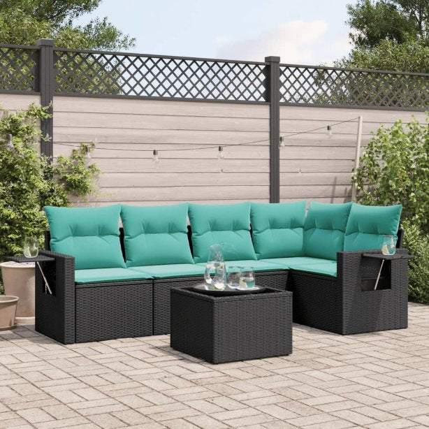 5-teiliges Gartensofa-Set mit Kissen, schwarzes Polyrattan