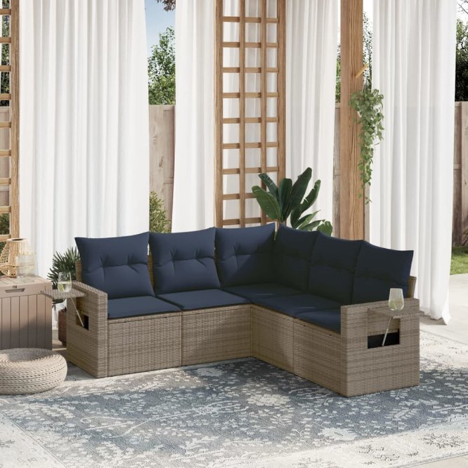 5-teiliges Gartensofa-Set mit Kissen, schwarzes Polyrattan