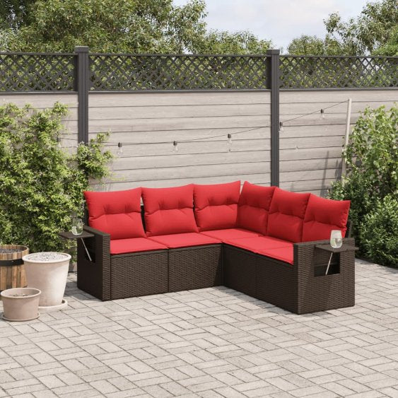 5-teiliges Gartensofa-Set mit Kissen, schwarzes Polyrattan