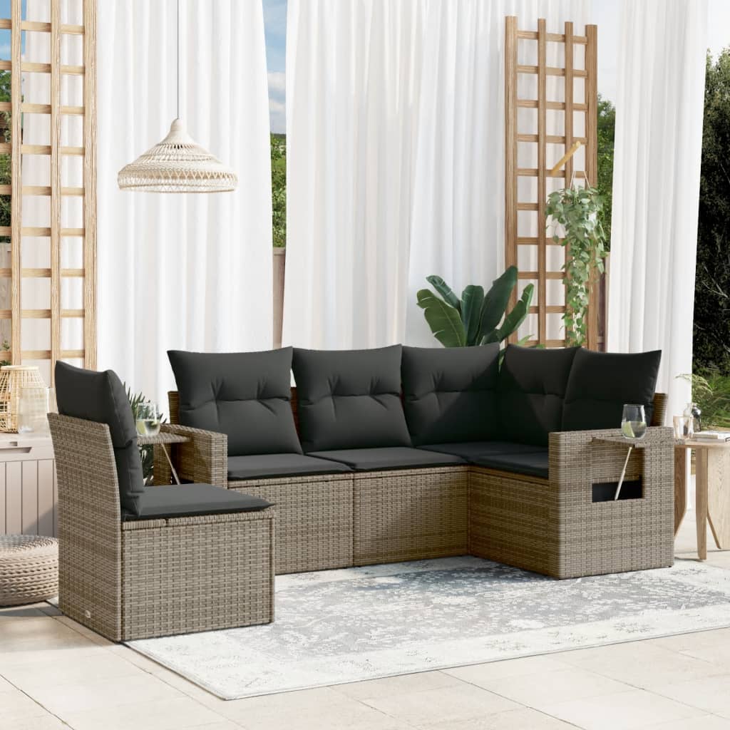 5-tlg. Garten-Sofagarnitur mit Kissen Schwarz Poly Rattan