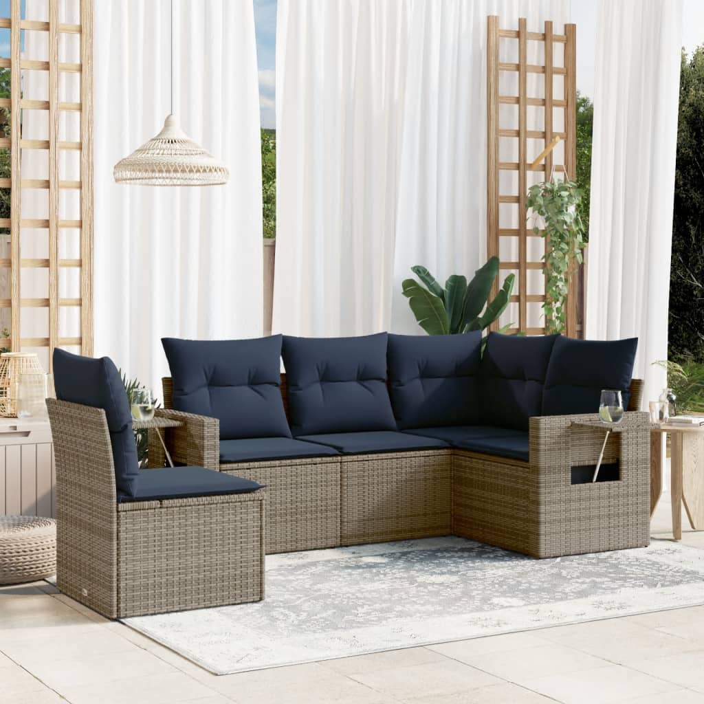 5-teiliges Gartensofa-Set mit Kissen, schwarzes Polyrattan