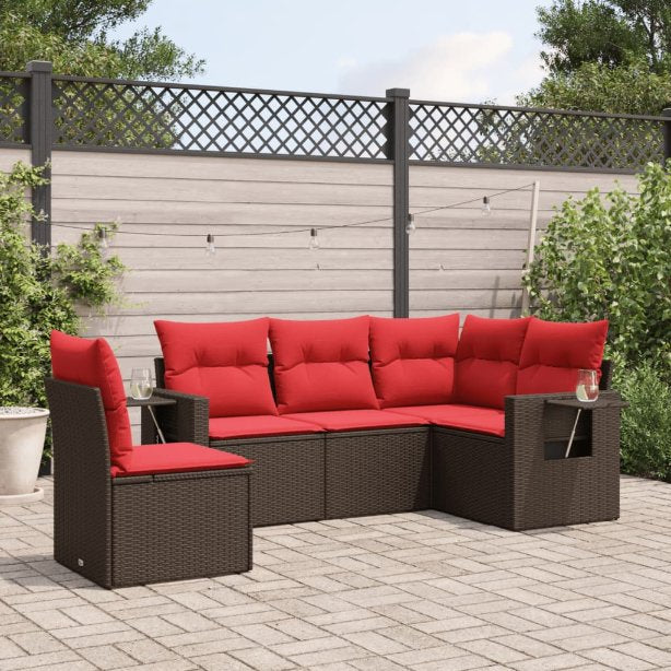 5-teiliges Gartensofa-Set mit Kissen, schwarzes Polyrattan