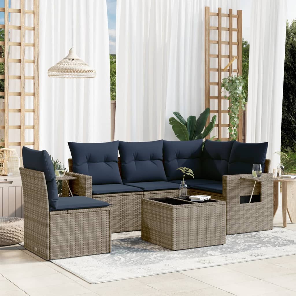 5-teiliges Gartensofa-Set mit Kissen, schwarzes Polyrattan