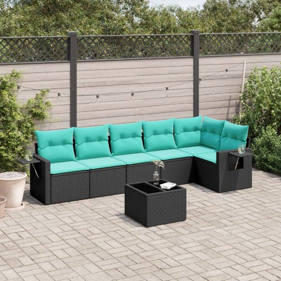 6-teiliges Gartensofa-Set mit Kissen, schwarzes Polyrattan
