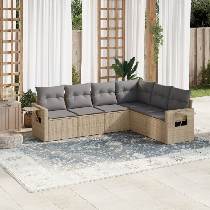 6-tlg. Garten-Sofagarnitur mit Kissen Schwarz Poly Rattan