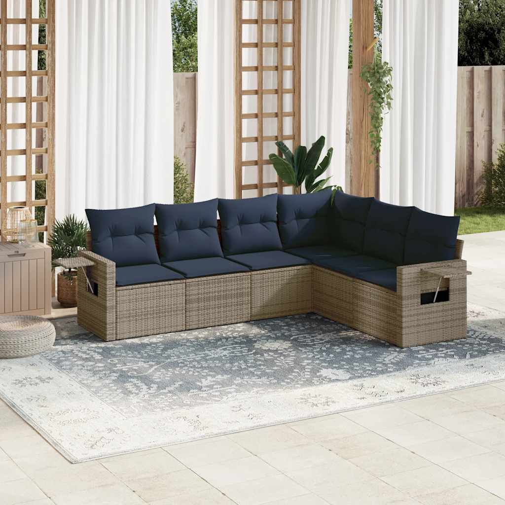 6-teiliges Gartensofa-Set mit Kissen, schwarzes Polyrattan