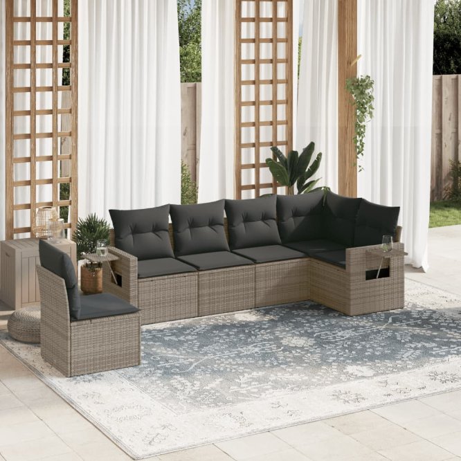 6-tlg. Garten-Sofagarnitur mit Kissen Schwarz Poly Rattan