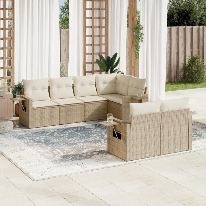 7-tlg. Garten-Sofagarnitur mit Kissen Schwarz Poly Rattan