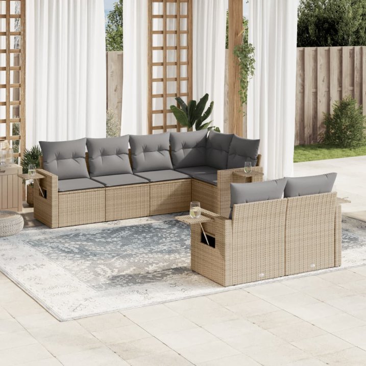 7-tlg. Garten-Sofagarnitur mit Kissen Schwarz Poly Rattan