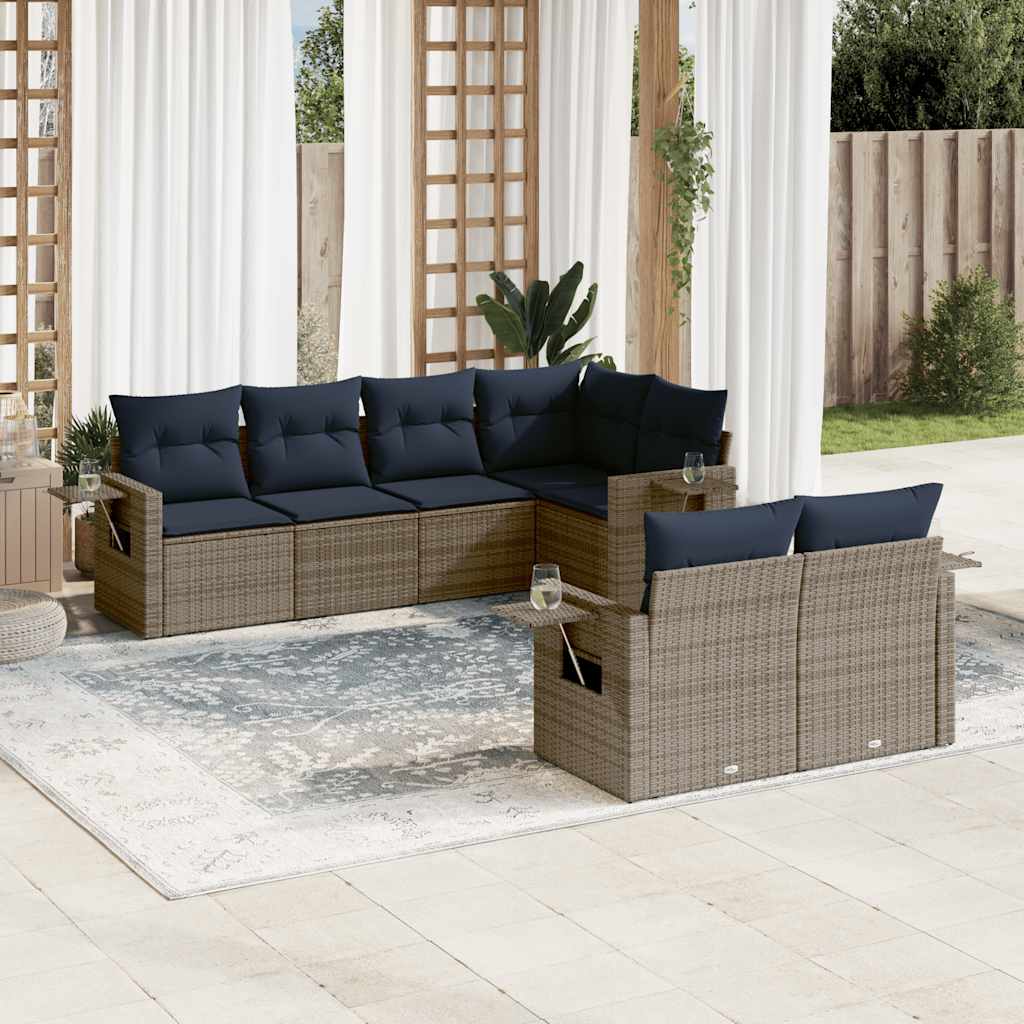 7-teiliges Gartensofa-Set mit Kissen, schwarzes Polyrattan