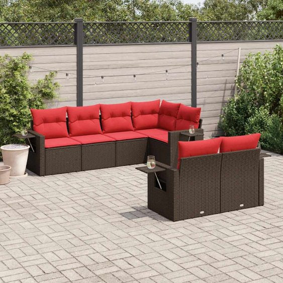 7-teiliges Gartensofa-Set mit Kissen, schwarzes Polyrattan