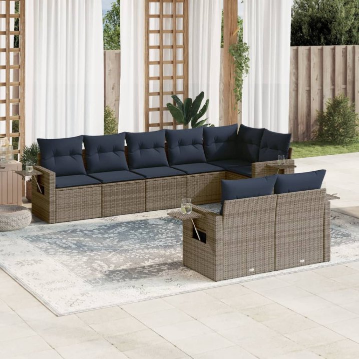 8-teiliges Gartensofa-Set mit Kissen, schwarzes Polyrattan