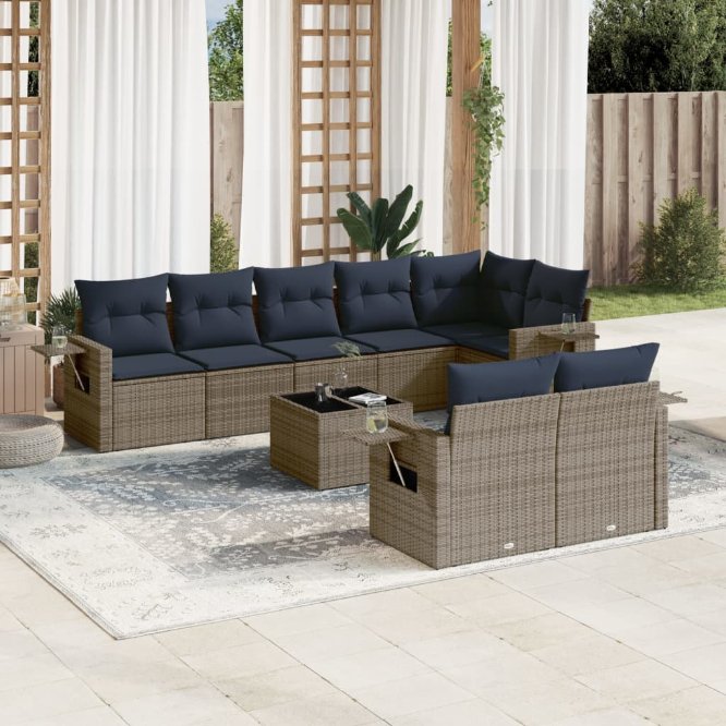 8-teiliges Gartensofa-Set mit Kissen, schwarzes Polyrattan