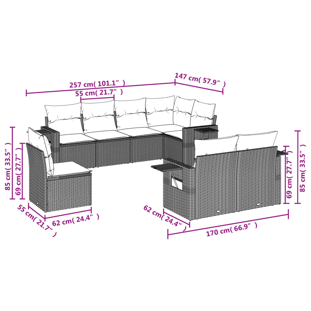 8-teiliges Gartensofa-Set mit Kissen, schwarzes Polyrattan