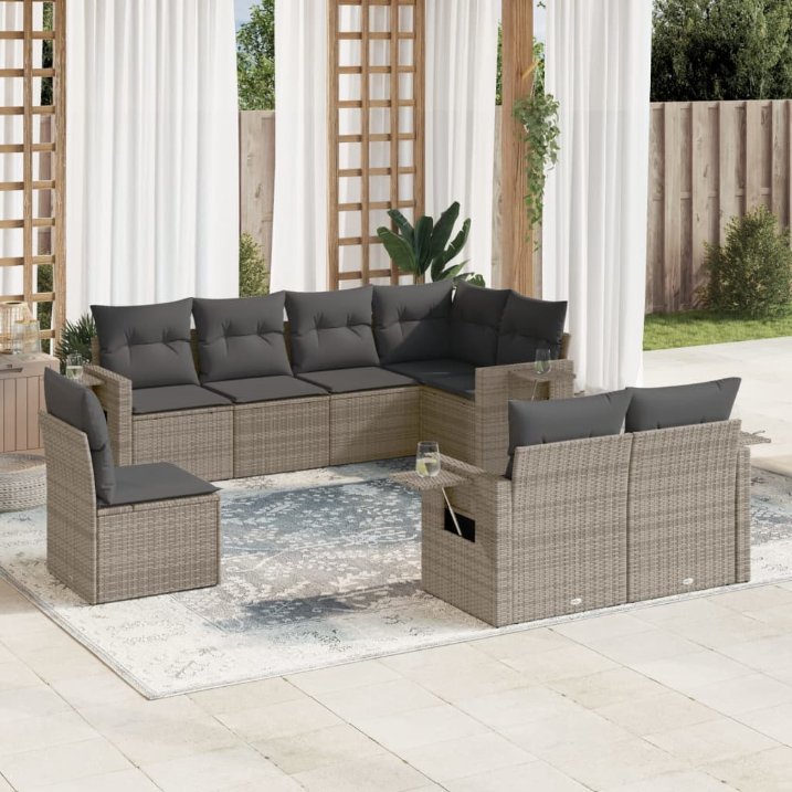 8-tlg. Garten-Sofagarnitur mit Kissen Schwarz Poly Rattan