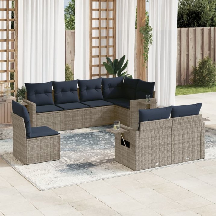 8-teiliges Gartensofa-Set mit Kissen, schwarzes Polyrattan
