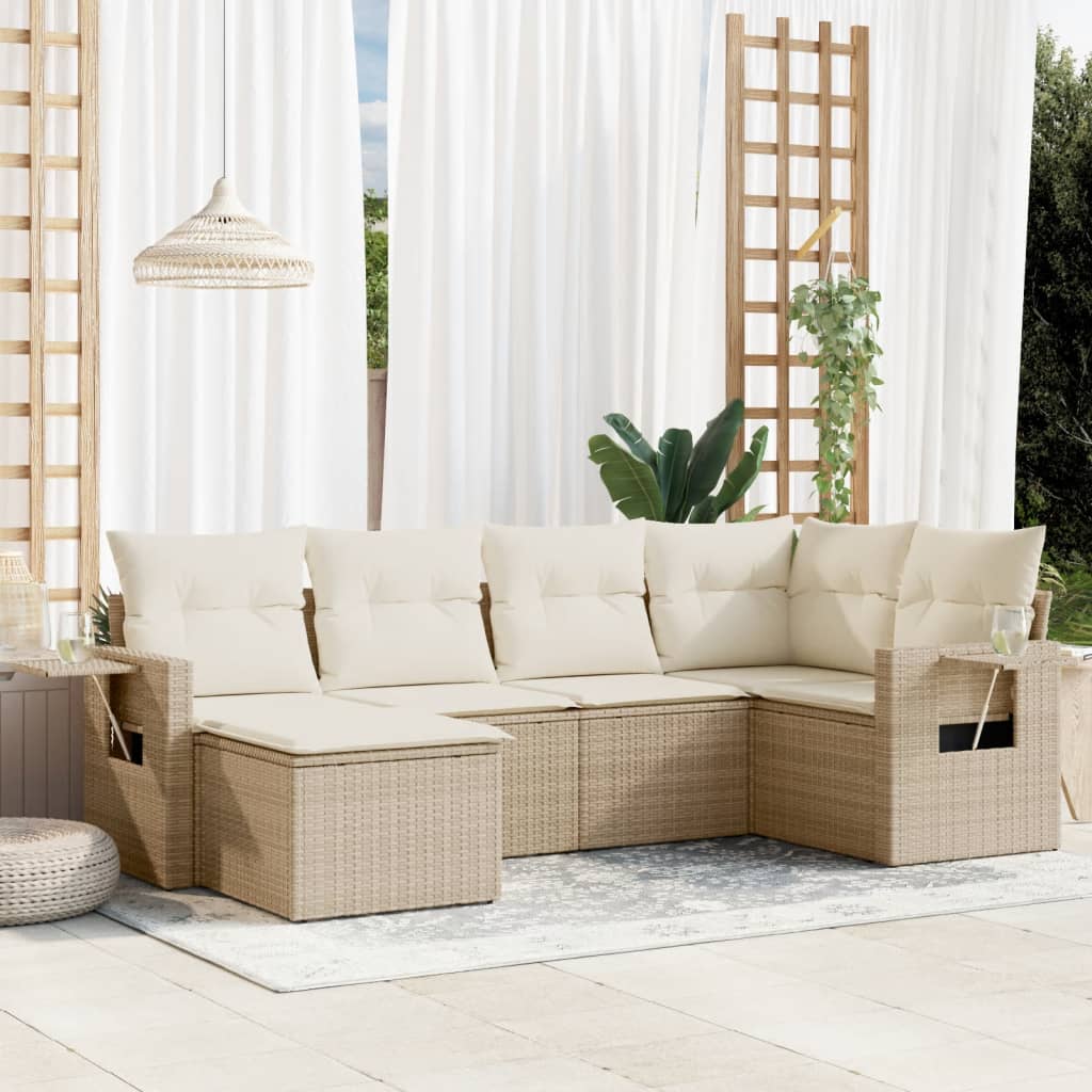 6-tlg. Garten-Sofagarnitur mit Kissen Schwarz Poly Rattan