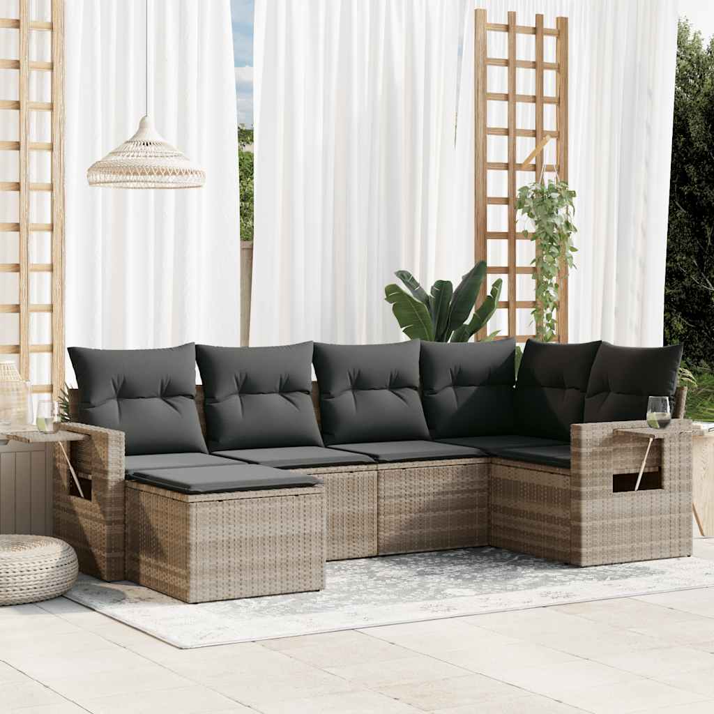 6-tlg. Garten-Sofagarnitur mit Kissen Schwarz Poly Rattan