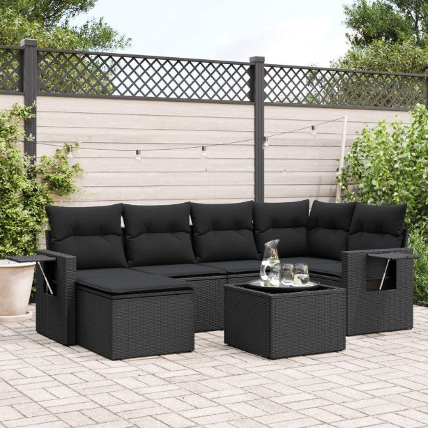 6-tlg. Garten-Sofagarnitur mit Kissen Schwarz Poly Rattan