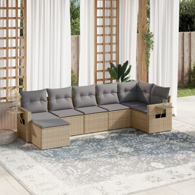 7-tlg. Garten-Sofagarnitur mit Kissen Schwarz Poly Rattan