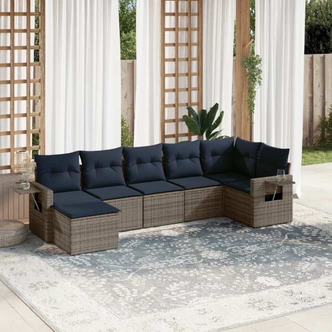 7-teiliges Gartensofa-Set mit Kissen, schwarzes Polyrattan
