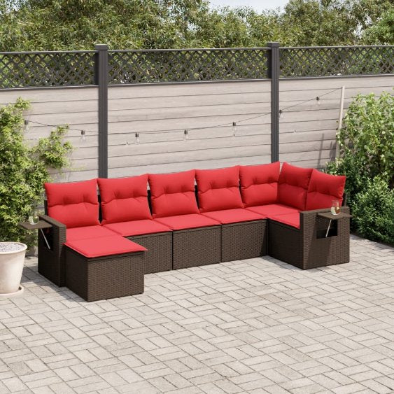 7-teiliges Gartensofa-Set mit Kissen, schwarzes Polyrattan