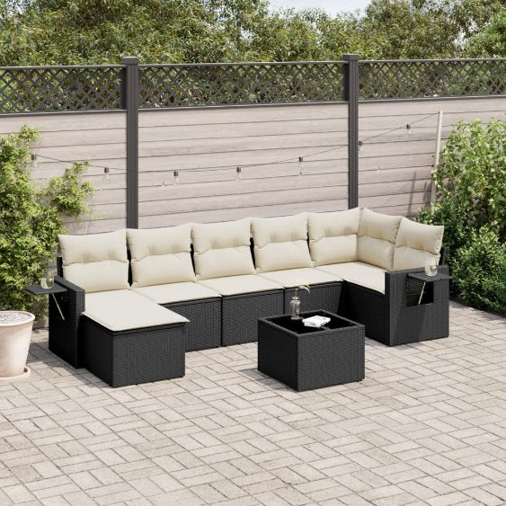 7-tlg. Garten-Sofagarnitur mit Kissen Schwarz Poly Rattan