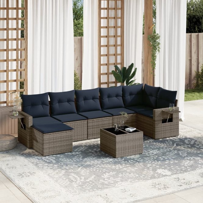 7-teiliges Gartensofa-Set mit Kissen, schwarzes Polyrattan