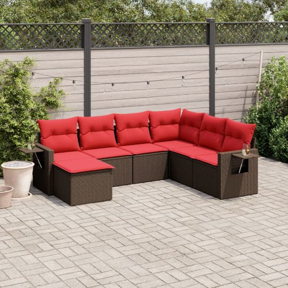 7-teiliges Gartensofa-Set mit Kissen, schwarzes Polyrattan
