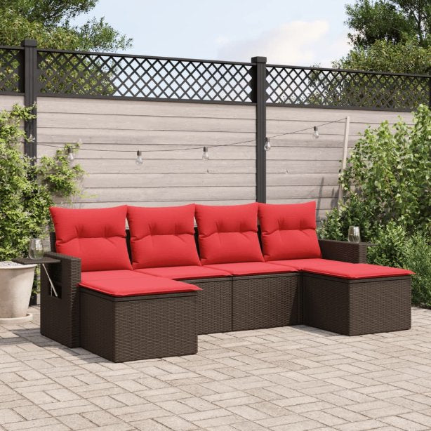 6-teiliges Gartensofa-Set mit Kissen, schwarzes Polyrattan
