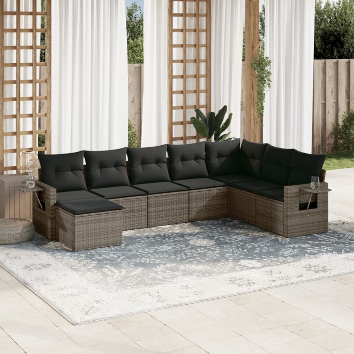 8-tlg. Garten-Sofagarnitur mit Kissen Schwarz Poly Rattan