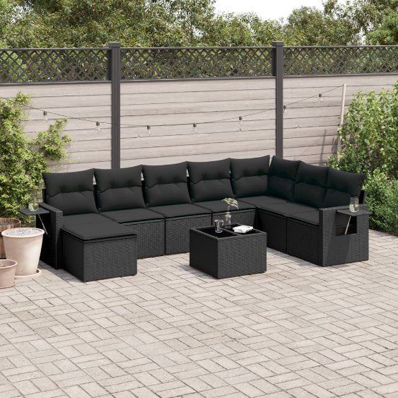 8-tlg. Garten-Sofagarnitur mit Kissen Schwarz Poly Rattan