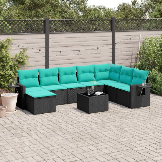 8-teiliges Gartensofa-Set mit Kissen, schwarzes Polyrattan