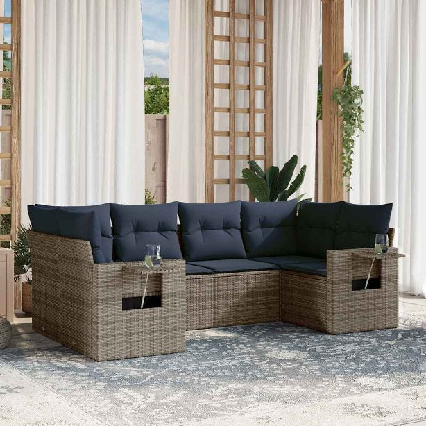 6-teiliges Gartensofa-Set mit Kissen, schwarzes Polyrattan