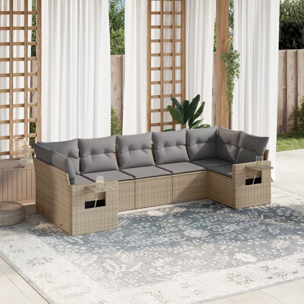 7-tlg. Garten-Sofagarnitur mit Kissen Schwarz Poly Rattan