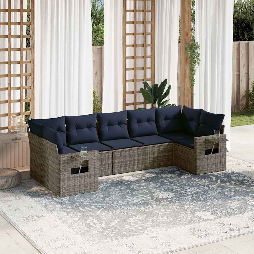 7-teiliges Gartensofa-Set mit Kissen, schwarzes Polyrattan