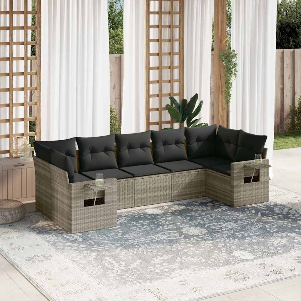 7-tlg. Garten-Sofagarnitur mit Kissen Schwarz Poly Rattan