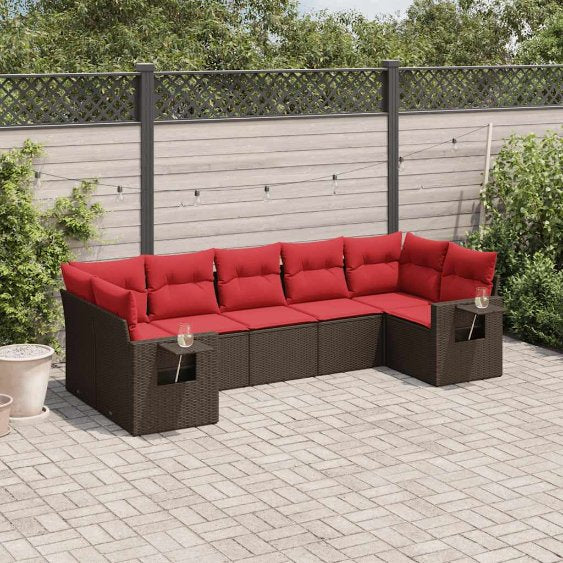 7-teiliges Gartensofa-Set mit Kissen, schwarzes Polyrattan
