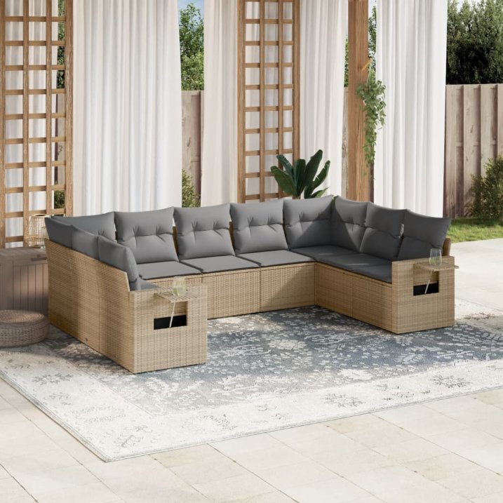 9-tlg. Garten-Sofagarnitur mit Kissen Schwarz Poly Rattan
