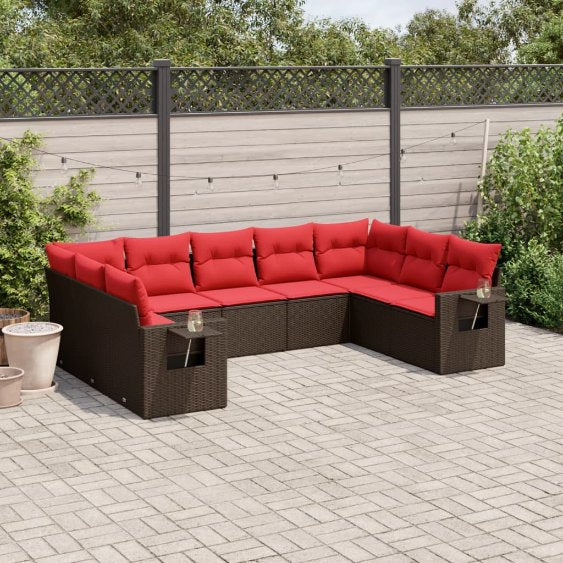 9-teiliges Gartensofa-Set mit Kissen, schwarzes Polyrattan