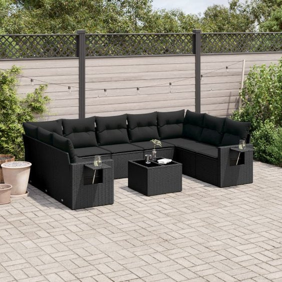 9-tlg. Garten-Sofagarnitur mit Kissen Schwarz Poly Rattan