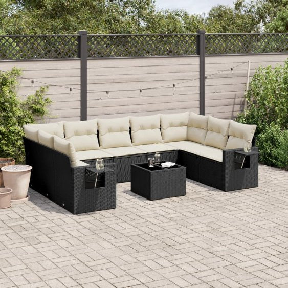 9-tlg. Garten-Sofagarnitur mit Kissen Schwarz Poly Rattan