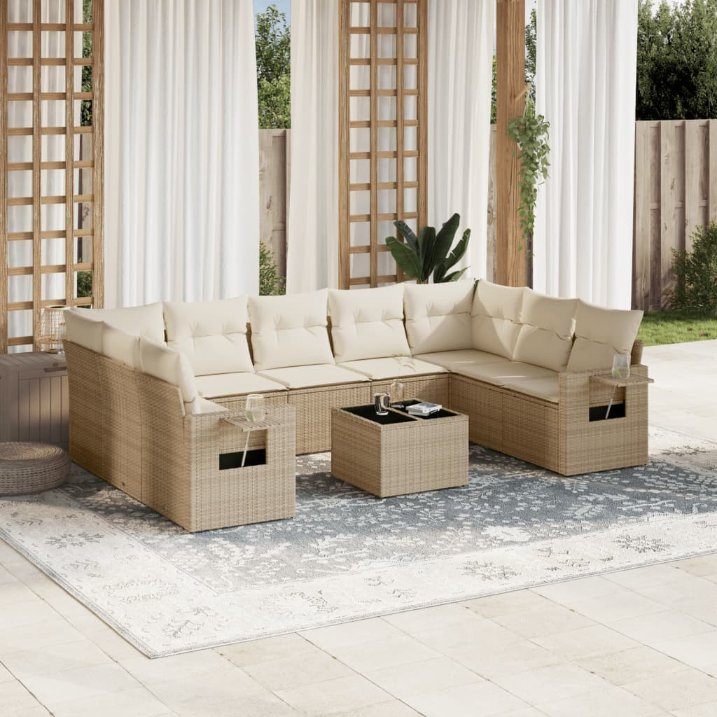 9-tlg. Garten-Sofagarnitur mit Kissen Schwarz Poly Rattan