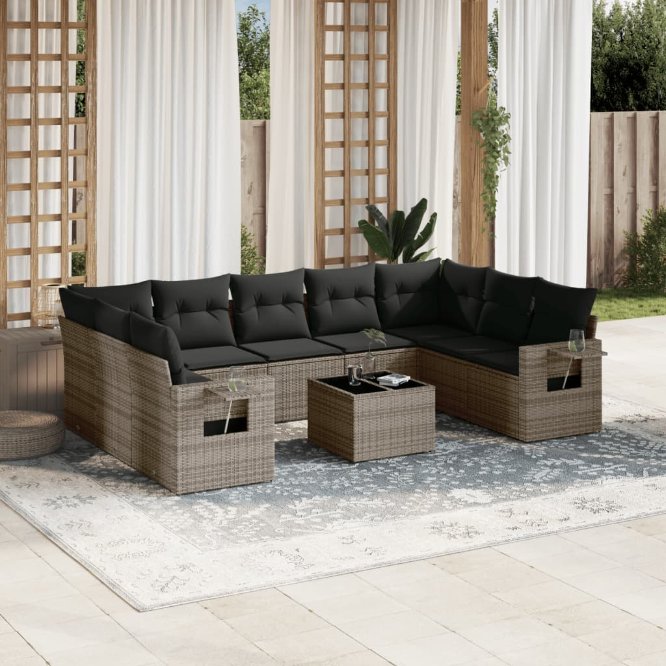 9-tlg. Garten-Sofagarnitur mit Kissen Schwarz Poly Rattan